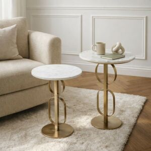طقم طاولات جانبية ساشا - سطح رخام طبيعي - ذهبي وابيض