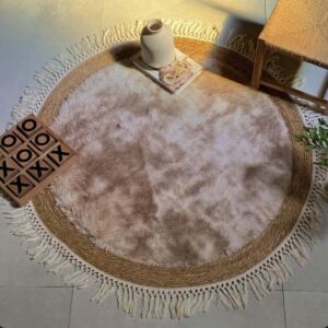 مفرش أرضي بوهيمي خوص وفرو صناعي - 120 سم