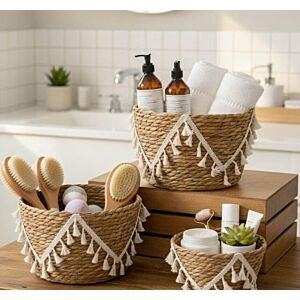 طقم سلال تخزين خوص طبيعي اوران - 3 قطع - ابيض