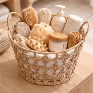 سلة تخزين خوص مشغولة يدويًا فيولا - بيج