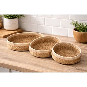 طقم سلة خوص طبيعي صناعة يدوية - 3 قطع - بني وبيج