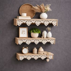 رف جداري خشب دارك - 3 قطع - خشبي وابيض