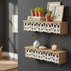 رف جداري خشب دارك - قطعتين - خشبي وابيض