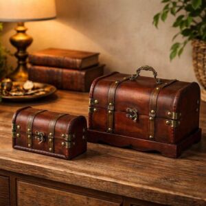 طقم صندوق خشب قطعتين نوار - نحاسي عتيق