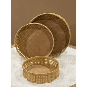 طقم صينية تقديم راتان و خشب دائرية - 3 قطع