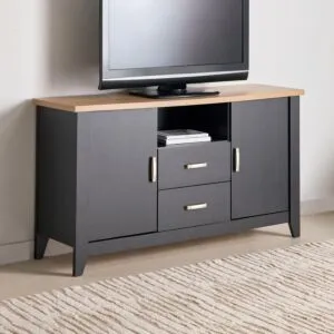 طاولة تلفزيون مرتفعة بدرجين وخزانة جانبية مع بابين من سكاي