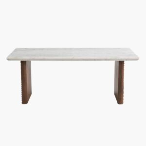 طاولة طعام لـ6 مقاعد بسطح منقوش من الرخام الأصلي وقاعدة من الخشب الصلب