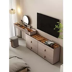 طاولة تزيين يتيرا مع مرآة وكرسي-بيج ومتعدد الالوان	