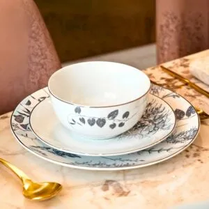 طقم صحون عشاء يمام 12 قطعة - ابيض ورمادي