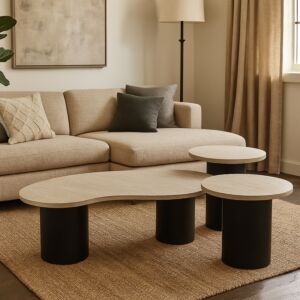 طقم طاولة قهوة وطاولات جانبية 3 قطع سكون - بيج واسود