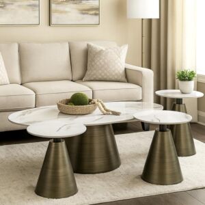 طقم طاولة قهوة وطاولات جانبية 5 قطع ريكالا - ابيض ونحاسي