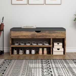 خزانة أحذية سيدار 3 طبقات مع مقعد مبطن - بني واسود