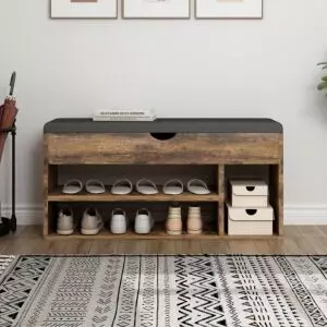 خزانة أحذية سيدار 3 طبقات مع مقعد مبطن - بني وأسود