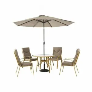 طقم طاولة طعام خارجية مع مظلة 4 كرسي صاني - بيج غامق