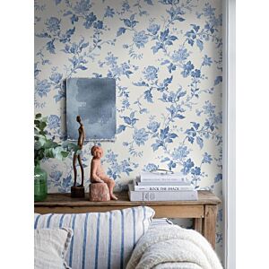 ورق جدران بطبعات زهور - ابيض وازرق