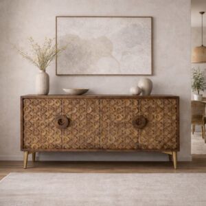 طاولة بوفيه خشب طبيعي كارس - 4 ابواب - بني ونحاسي