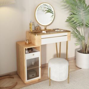 طاولة تزيين بتخزين جانبي رينايلا - بيج وابيض