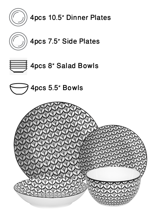 

طقم عشاء بورسلين مكون من 16 قطعة أبيض-أسود, متعدد الالوان